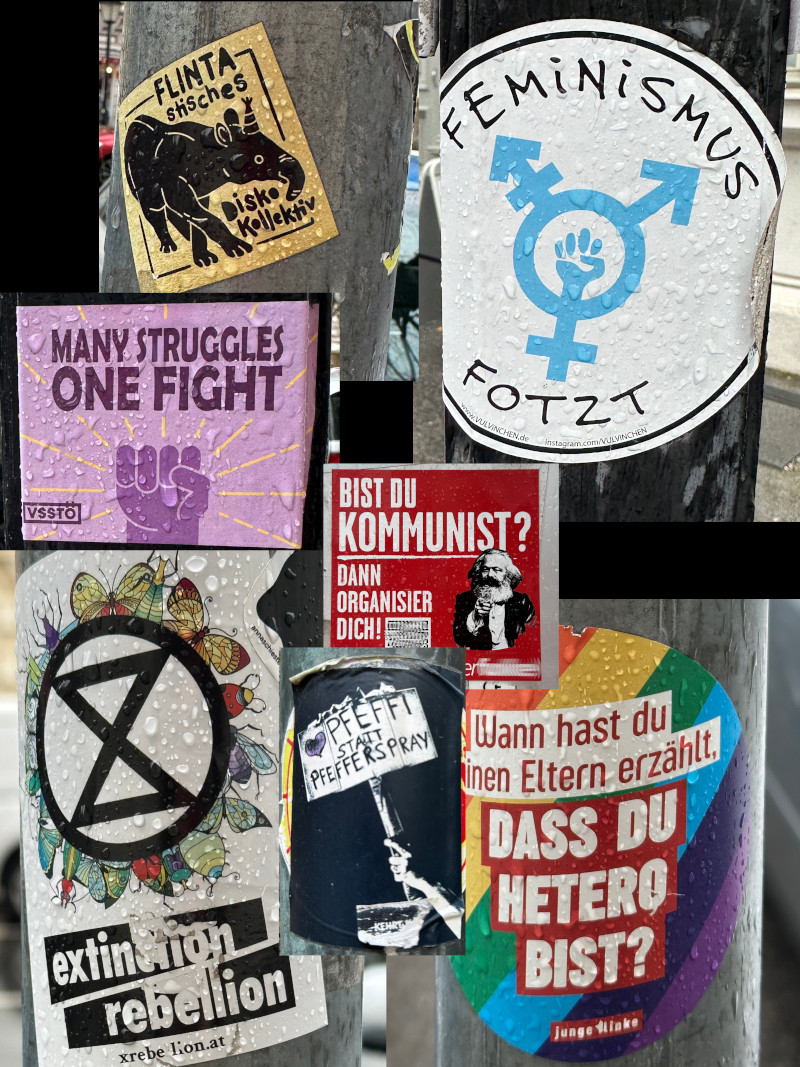 Collage of political stickers found in Salzburg